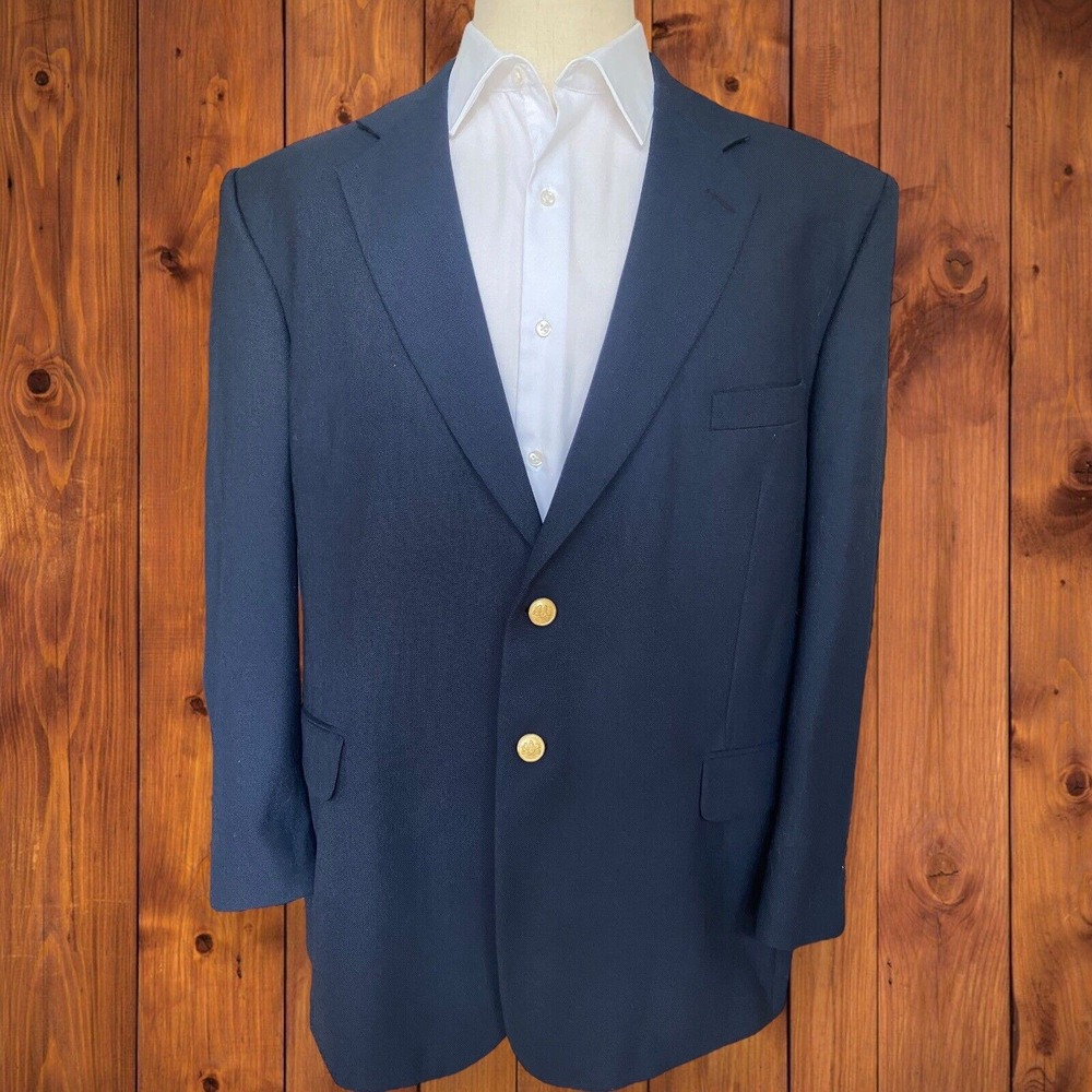 Vtg Stafford Gold Buttons Navy Hopsack Wool‎ Blend Blazer Sport Coat 48R